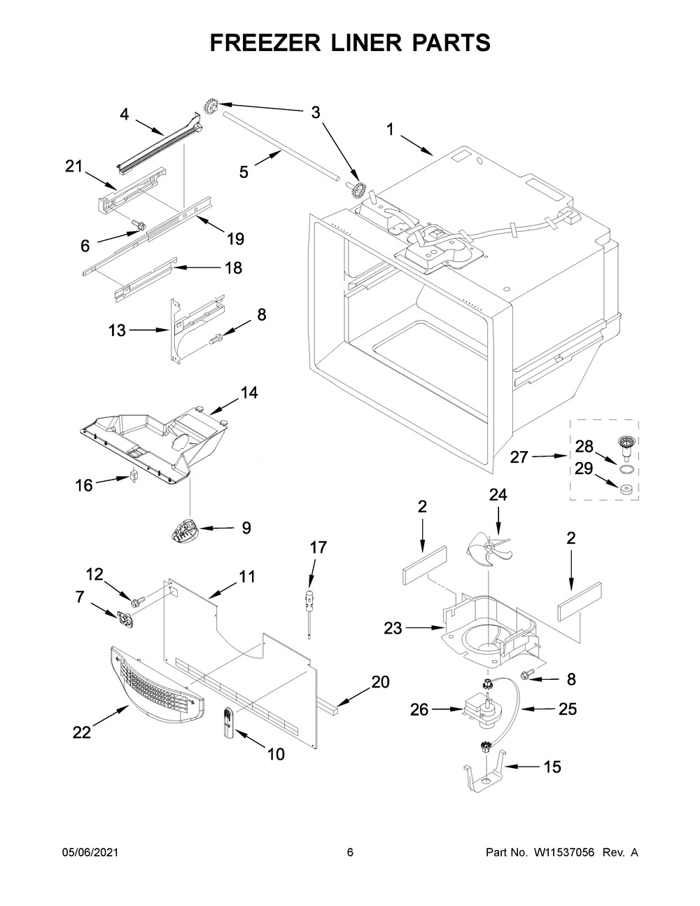 Freezer Liner Parts Diagram and Parts List for MBB1957FEW03  Whirlpool Refrigerator