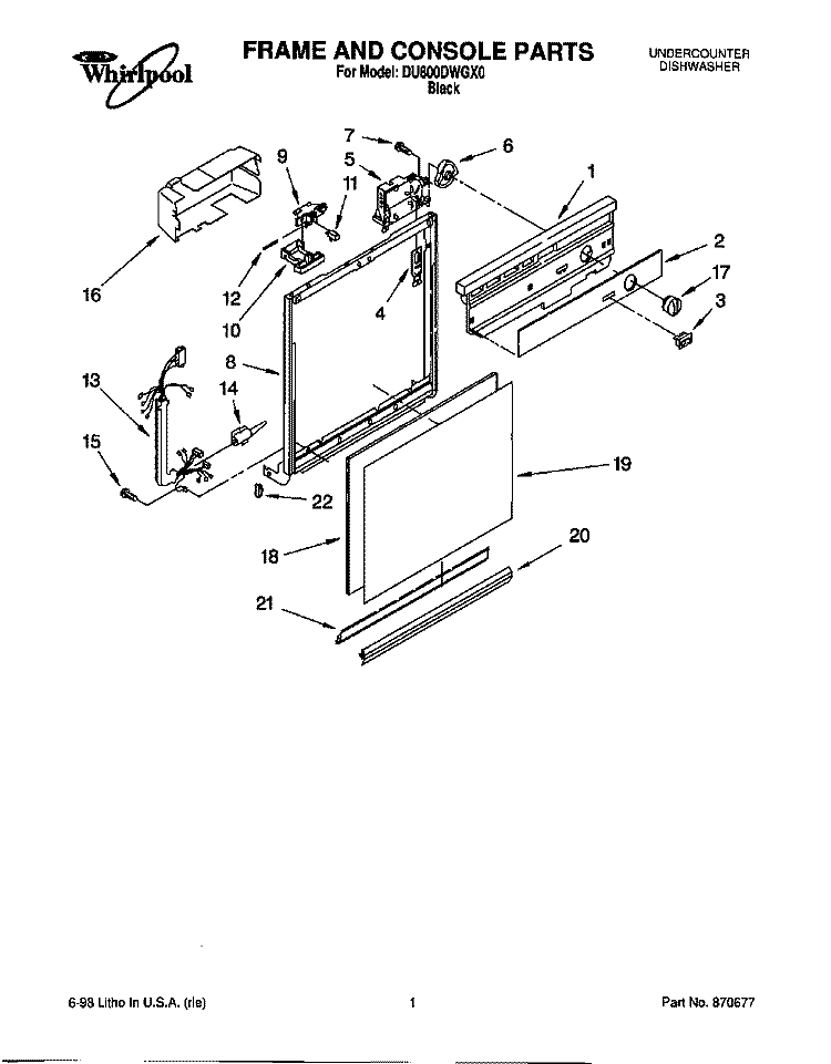 FRAME AND CONSOLE Diagram and Parts List for DU800DWGX0  Whirlpool Dishwasher