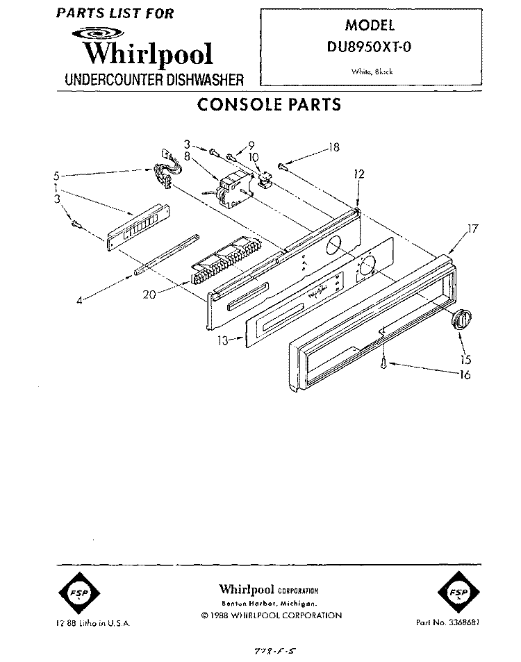 CONSOLE Diagram and Parts List for DU8950XT0  Whirlpool Dishwasher