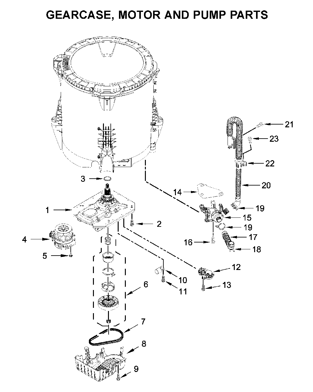Gearcase, motor and pump parts Diagram and Parts List for WTW5105HW0  Whirlpool Washer