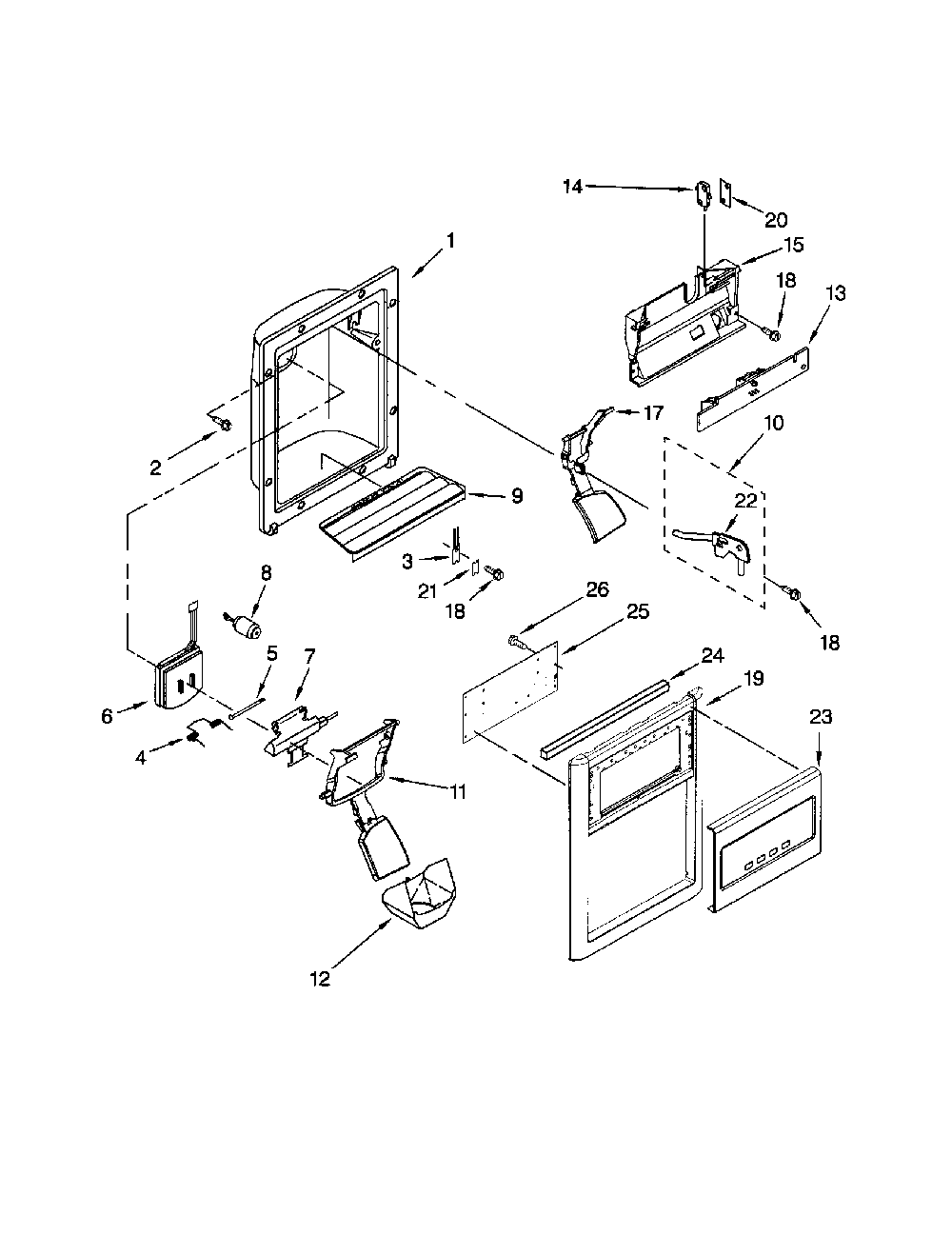 Dispenser front Diagram and Parts List for 10658982801  Kenmore Refrigerator