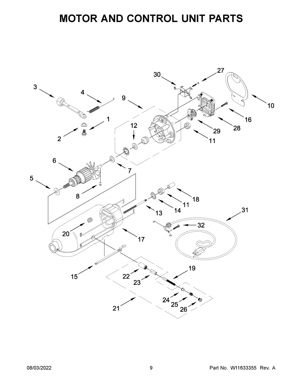 Motor And Control Unit Parts Diagram and Parts List for 5KSM193ADEMH0  KitchenAid Mixer