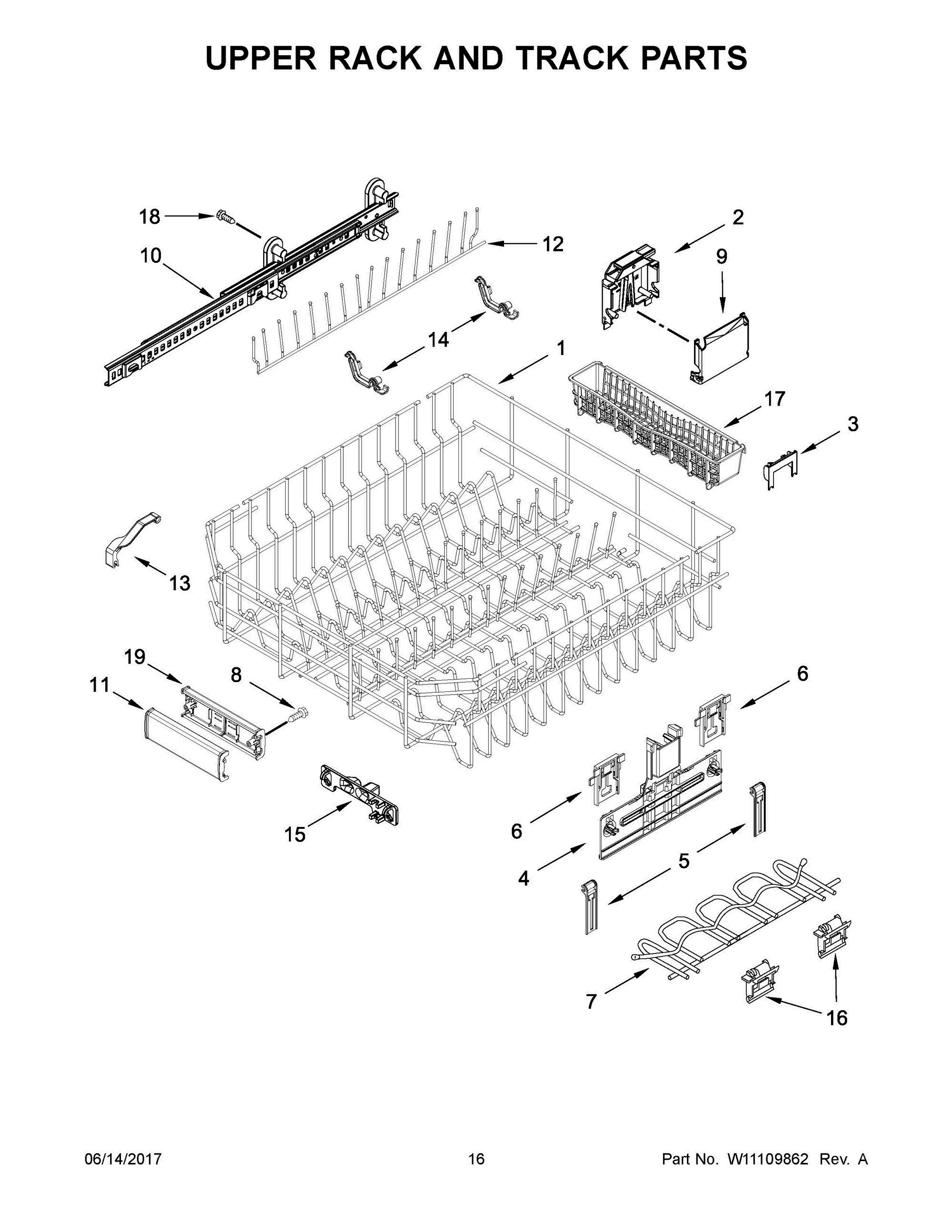 09 - UPPER RACK AND TRACK PARTS Diagram and Parts List for KDTM504EPA2  Whirlpool Dishwasher