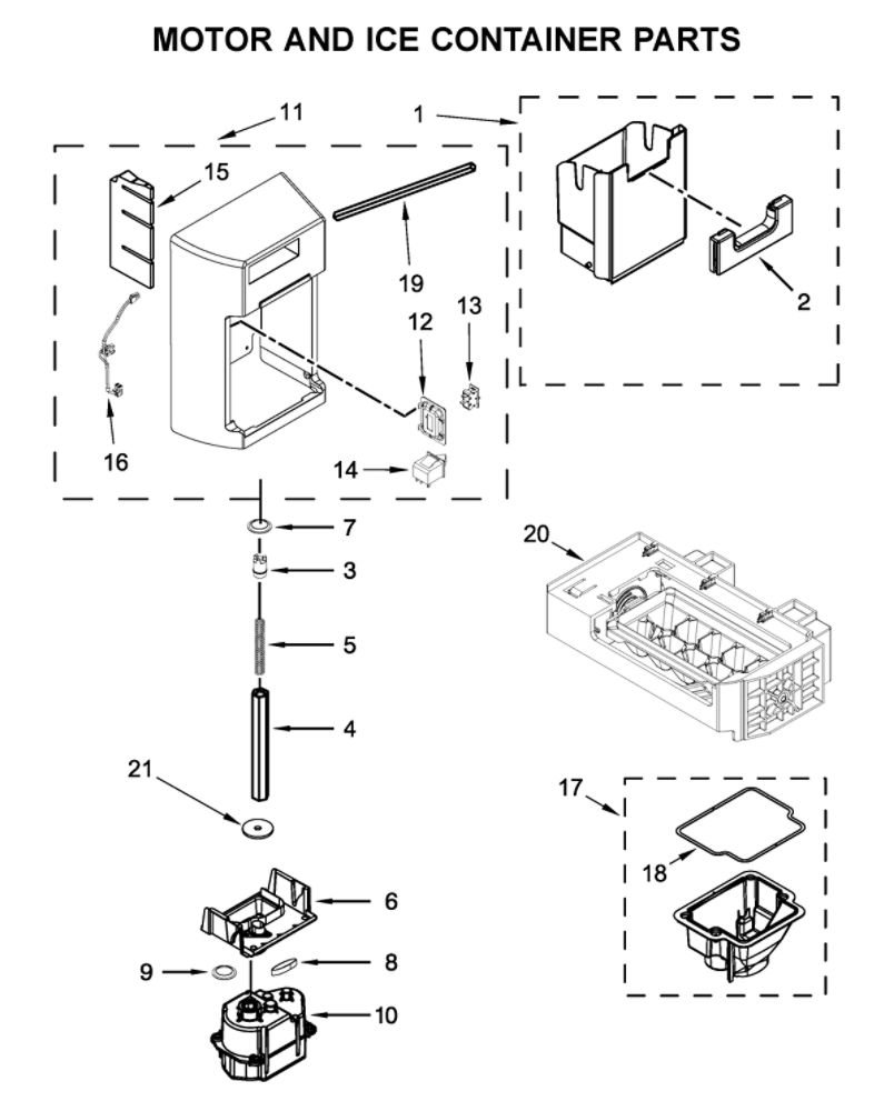 Motor And Ice Container Parts Diagram and Parts List for WRS555SIHZ03  Whirlpool Refrigerator