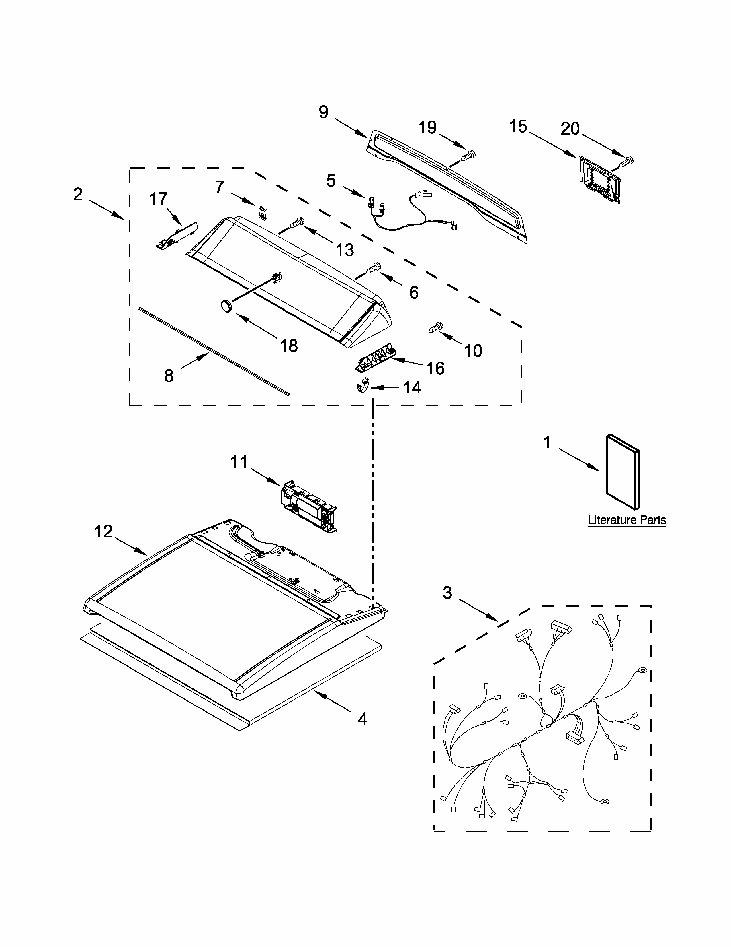 Top And Console Parts Diagram and Parts List for 11078133412  Kenmore Dryer