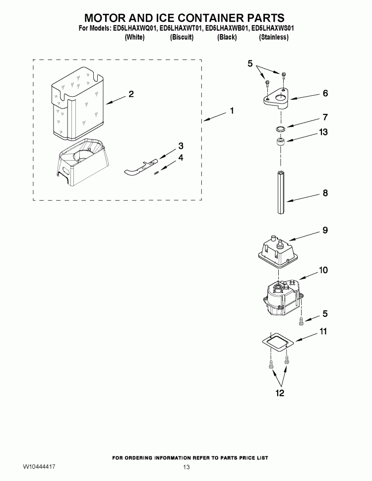 MOTOR AND ICE CONTAINER PARTS Diagram and Parts List for ED5LHAXWT01  Whirlpool Refrigerator