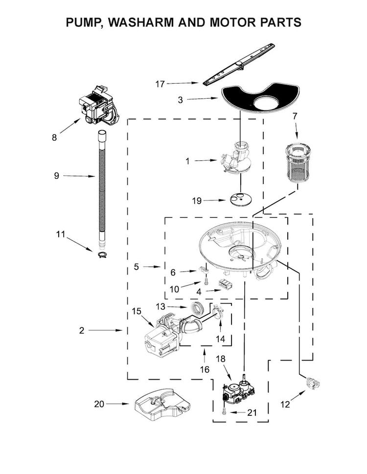 Pump, Washarm And Motor Parts Diagram and Parts List for WDF560SAFM1  Whirlpool Dishwasher