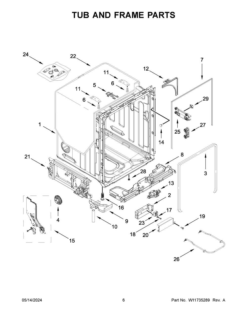 Tub And Frame Parts Diagram and Parts List for KDTM604KBS3  KitchenAid Dishwasher