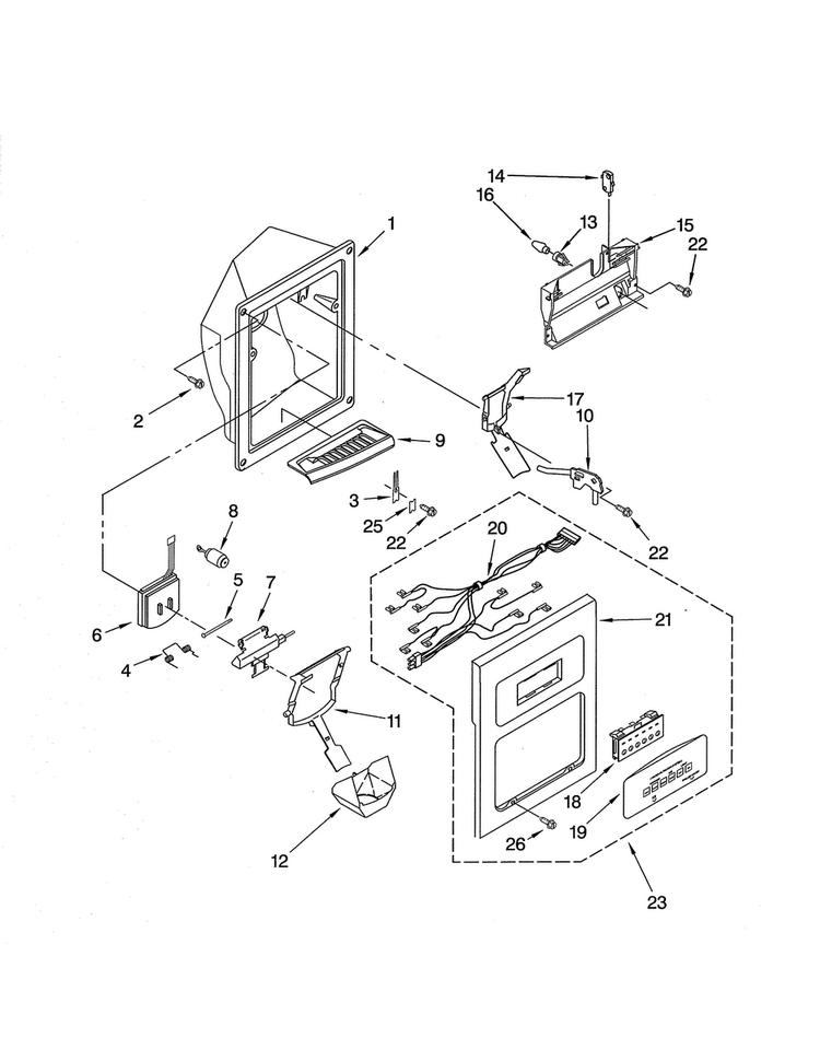 Dispenser Front Diagram and Parts List for KSRA25ILBL02  KitchenAid Refrigerator