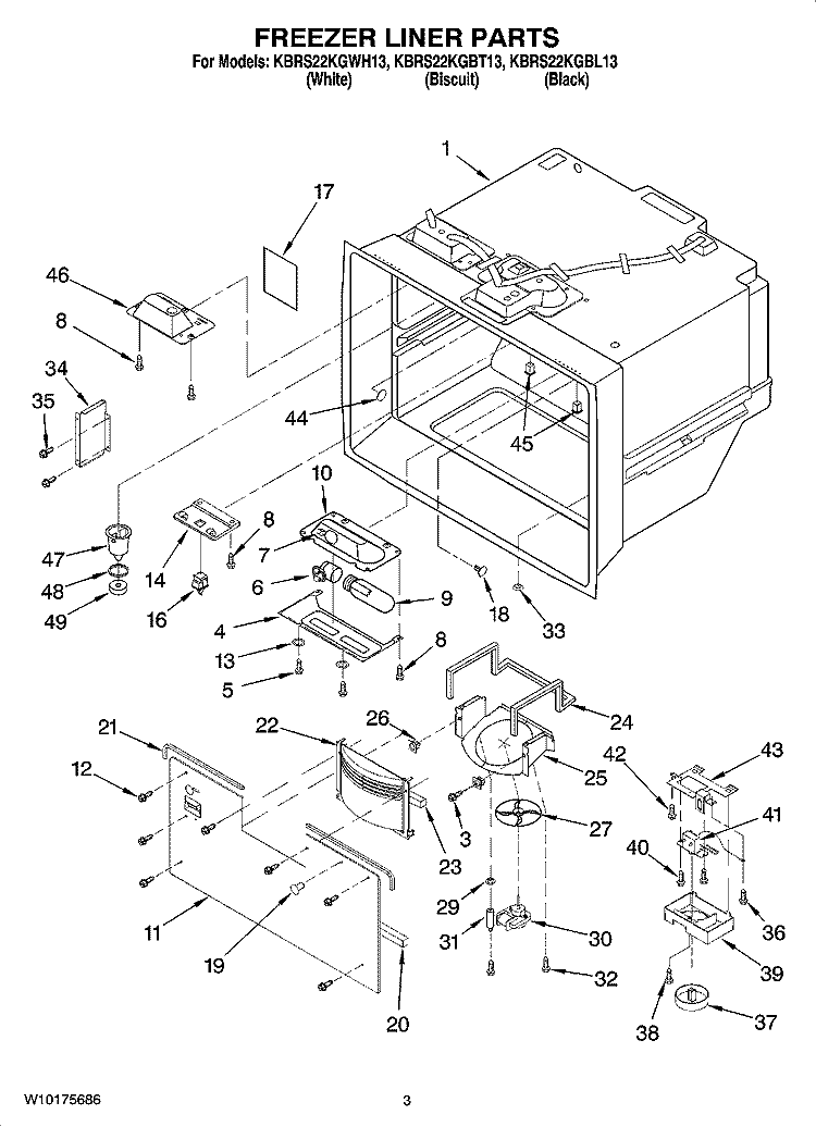 FREEZER LINER PARTS Diagram and Parts List for KBRS22KGWH13  KitchenAid Refrigerator