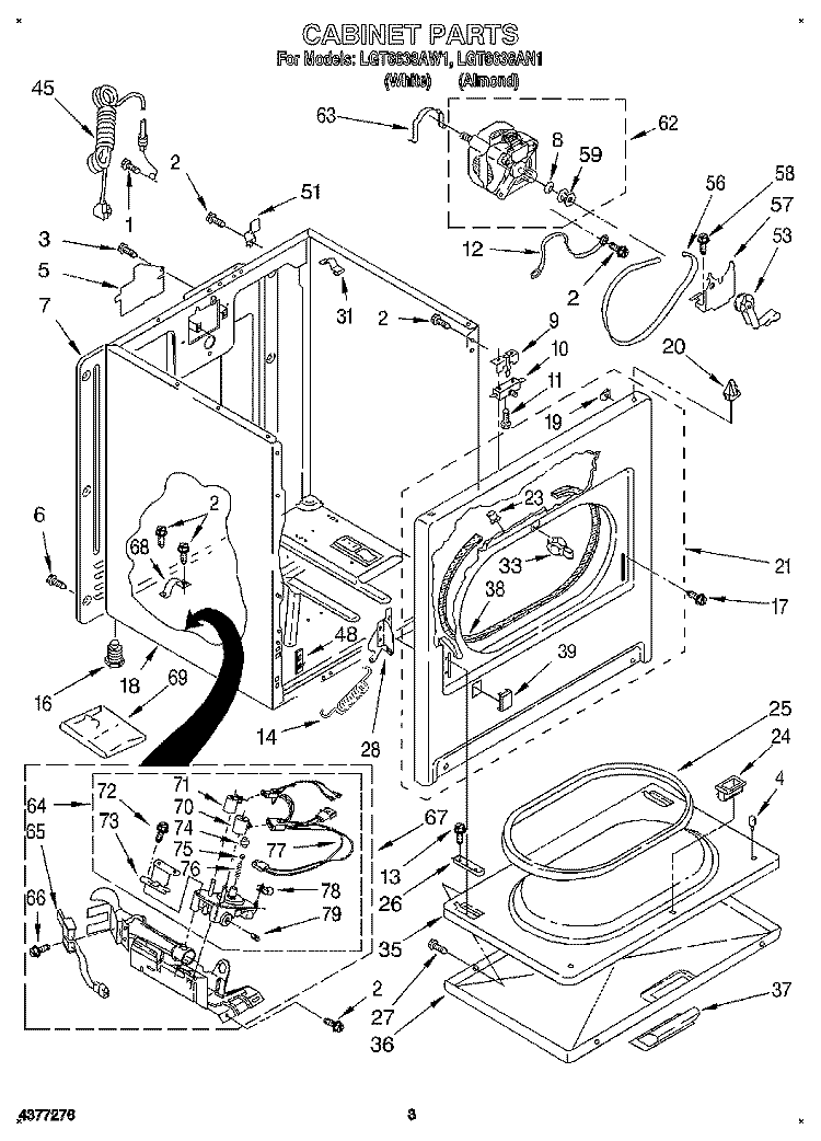 CABINET Diagram and Parts List for LGT6638AW1  Whirlpool Dryer