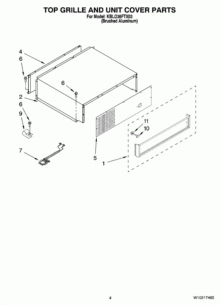 TOP GRILLE AND UNIT COVER PARTS Diagram and Parts List for KBLO36FTX03  KitchenAid Refrigerator