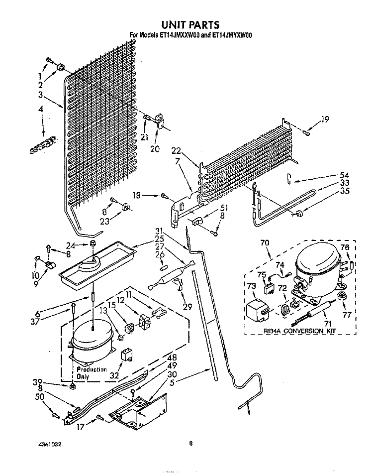 UNIT Diagram and Parts List for ET14JMXXW00  Whirlpool Refrigerator