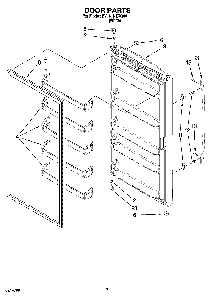 DOOR PARTS, OPTIONAL PARTS (NOT INCLUDED) Diagram and Parts List for EV161NZRQ00  Whirlpool Freezer