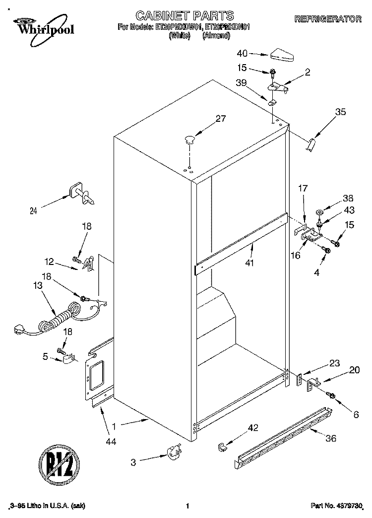 CABINET Diagram and Parts List for ET20PMXDN01  Whirlpool Refrigerator