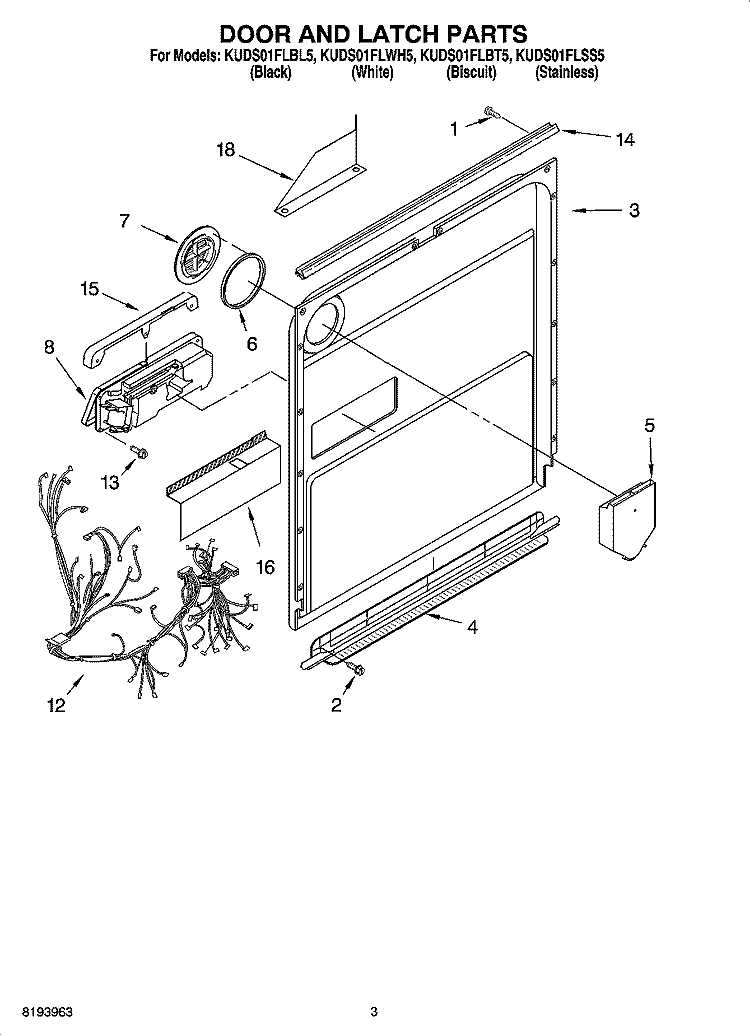 DOOR AND LATCH PARTS Diagram and Parts List for KUDS01FLSS5  KitchenAid Dishwasher