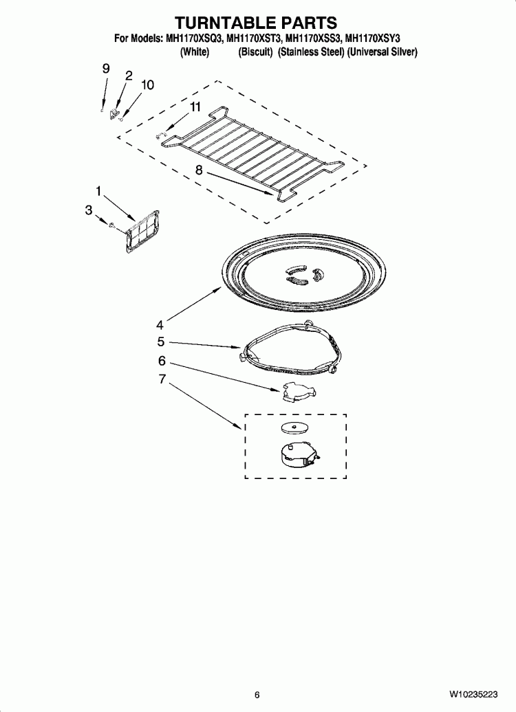 TURNTABLE PARTS Diagram and Parts List for MH1170XSQ3  Whirlpool Microwave
