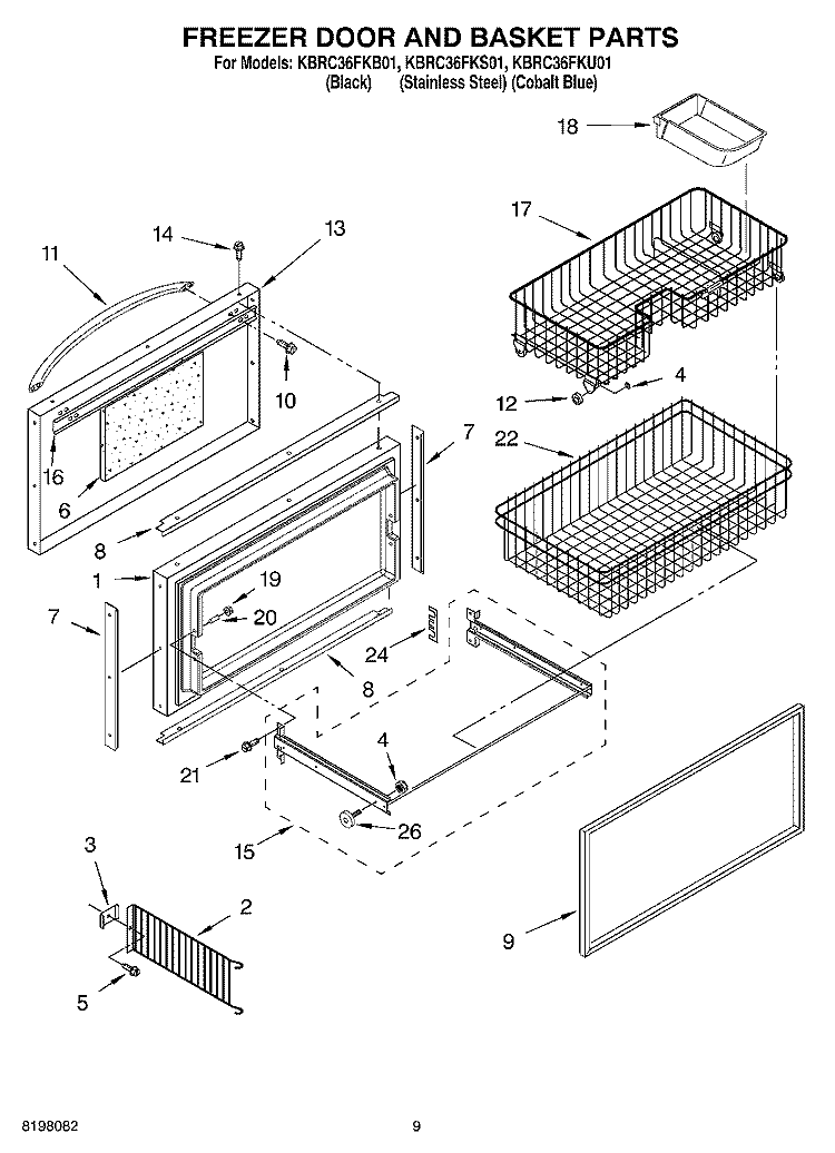 FREEZER DOOR AND BASKET Diagram and Parts List for KBRC36FKB01  KitchenAid Refrigerator