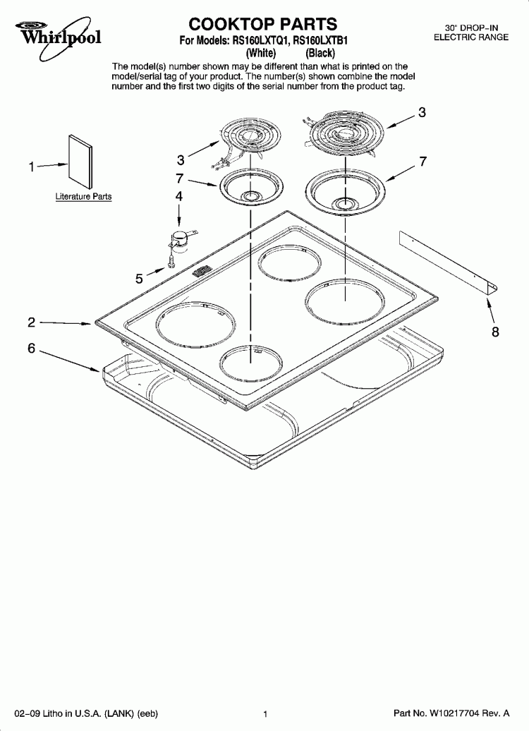 COOKTOP PARTS Diagram and Parts List for RS160LXTQ1  Whirlpool Range