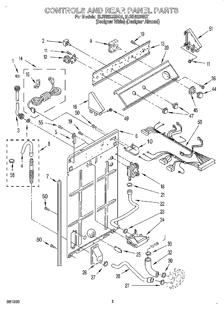 CONTROLS AND REAR PANEL Diagram and Parts List for 2LSR5233BZ1  Whirlpool Washer