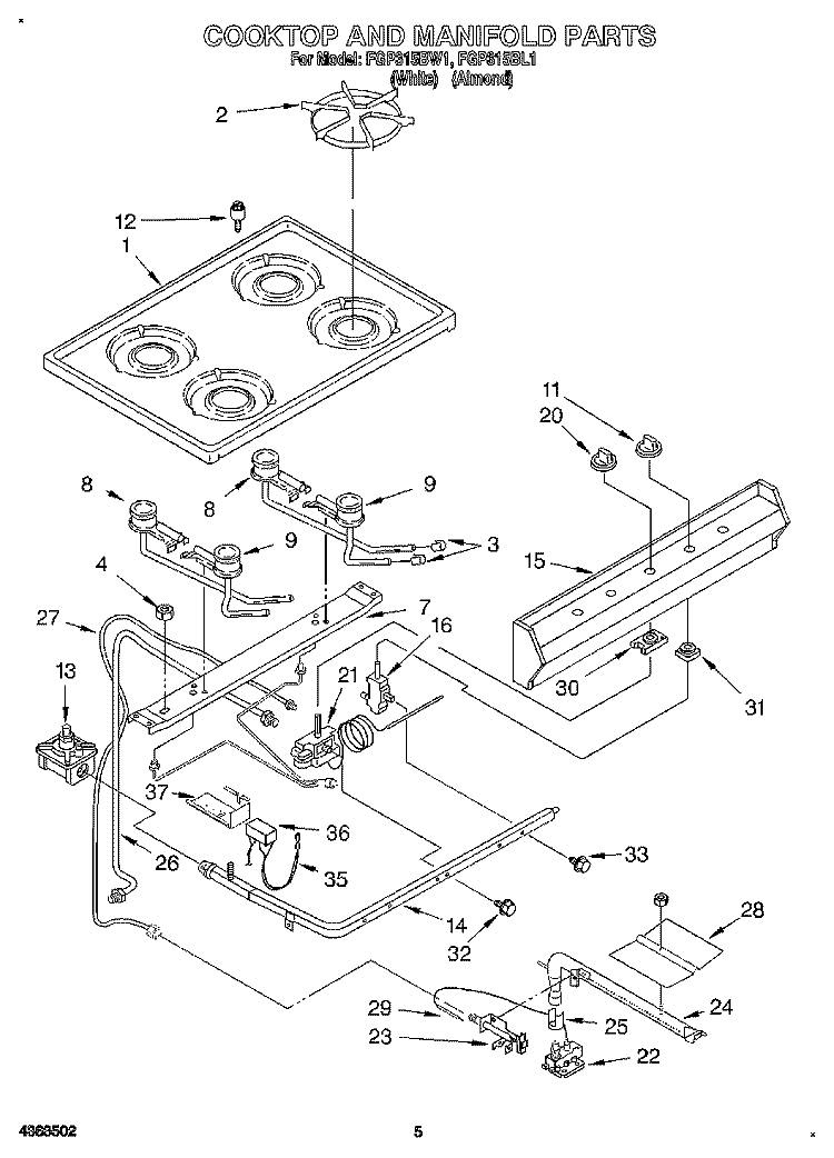 COOKTOP AND MANIFOLD, LIT/OPTIONAL Diagram and Parts List for FGP315BW1  Roper Range