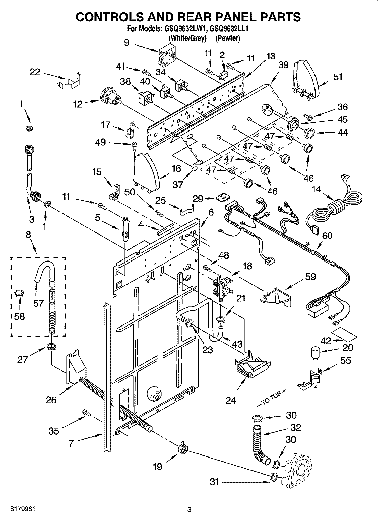 CONTROLS AND REAR PANEL PARTS Diagram and Parts List for GSQ9632LL1  Whirlpool Washer