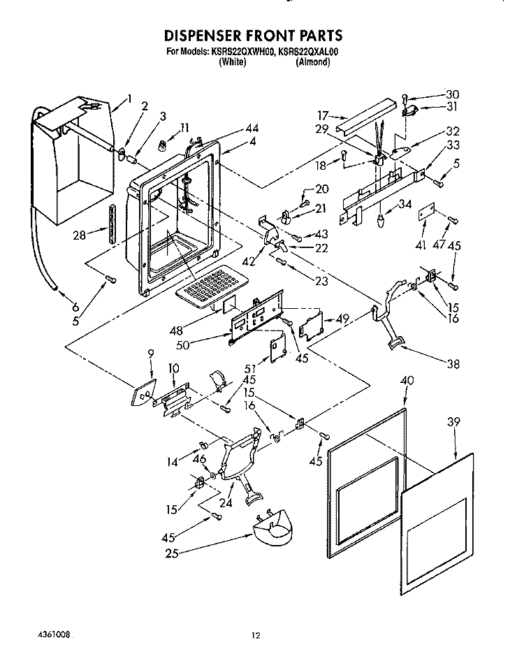 DISPENSER FRONT Diagram and Parts List for KSRS22QXWH00  KitchenAid Refrigerator