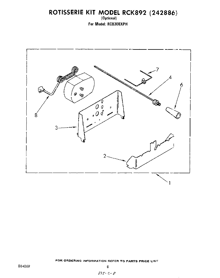 ROTISSERIE RCK892 Diagram and Parts List for RC8300XPH  Whirlpool Cooktop
