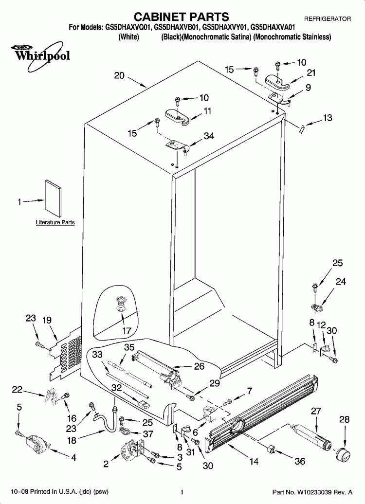 CABINET PARTS Diagram and Parts List for GS5DHAXVB01  Whirlpool Refrigerator