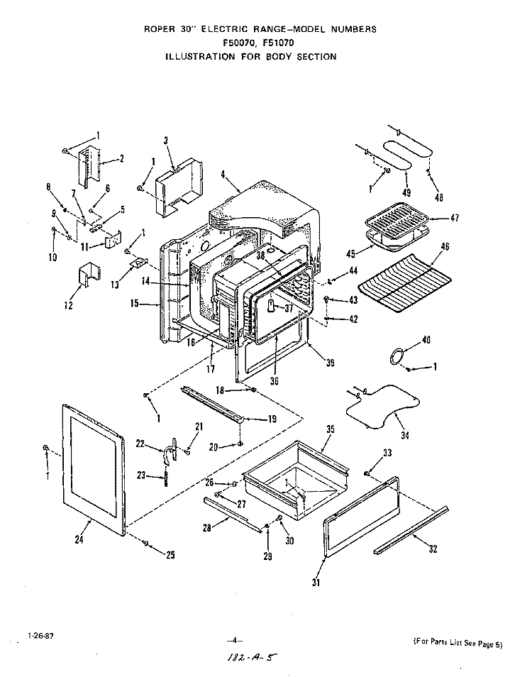 BODY Diagram and Parts List for F5007W0  Roper Range