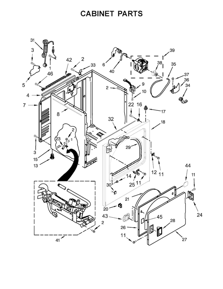Cabinet Parts Diagram and Parts List for 11077132410  Kenmore Dryer