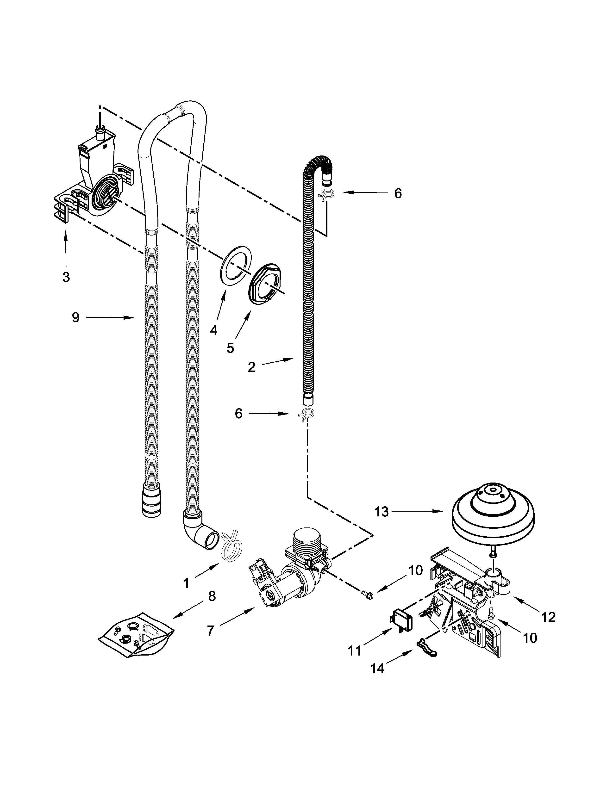 Fill, Drain And Overfill Parts Diagram and Parts List for IDF320PAFW0  Whirlpool Dishwasher