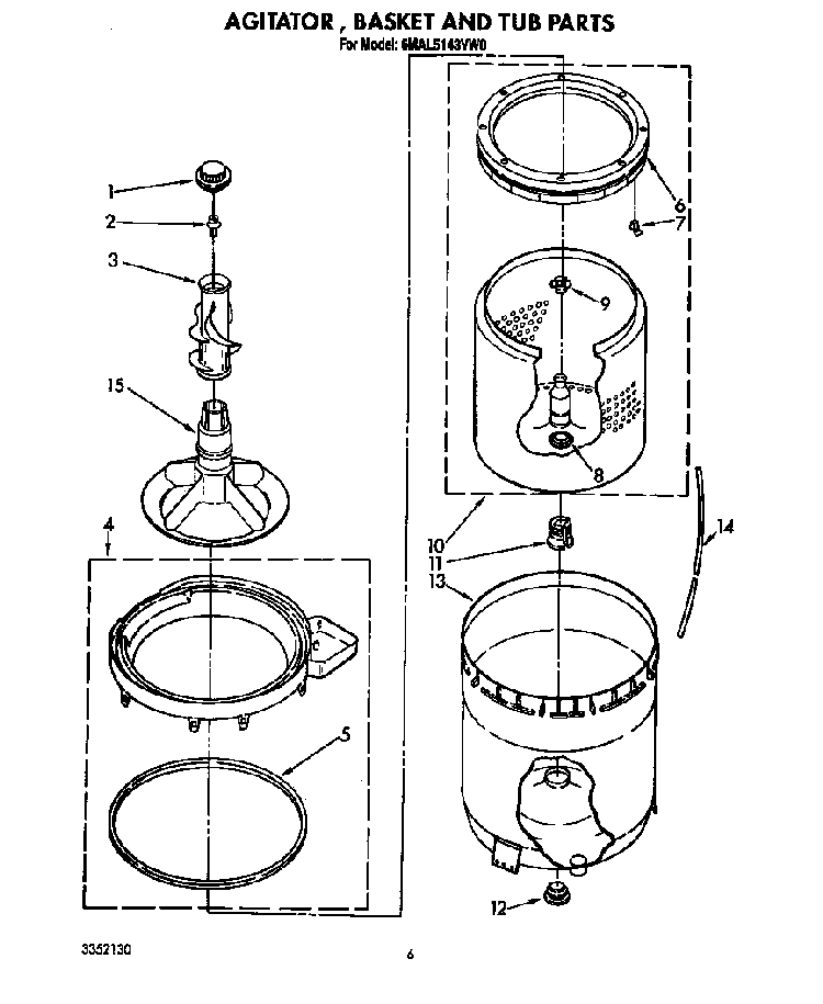 Agitator, Basket And Tub Diagram and Parts List for 6MAL5143VW0  Whirlpool Washer