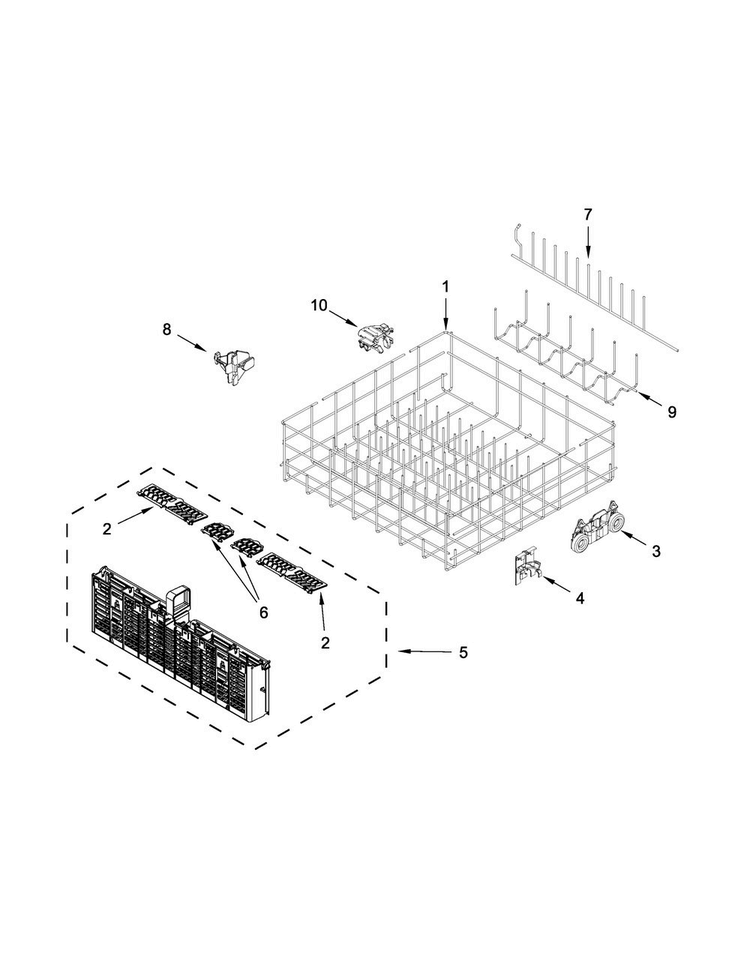 Lower Rack Parts Diagram and Parts List for WDT920SADH1  Whirlpool Dishwasher