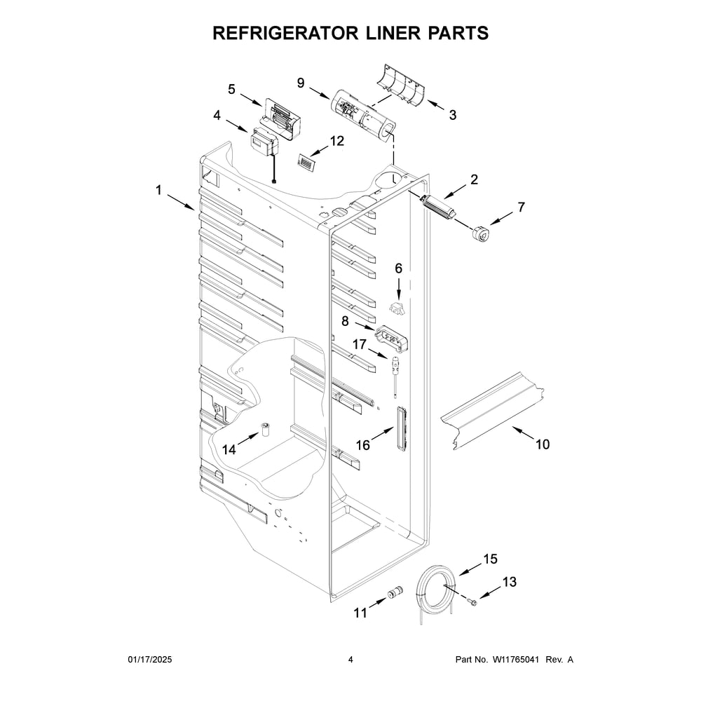 Refrigerator Liner Parts Diagram and Parts List for WRSF5536RW00  Whirlpool Refrigerator