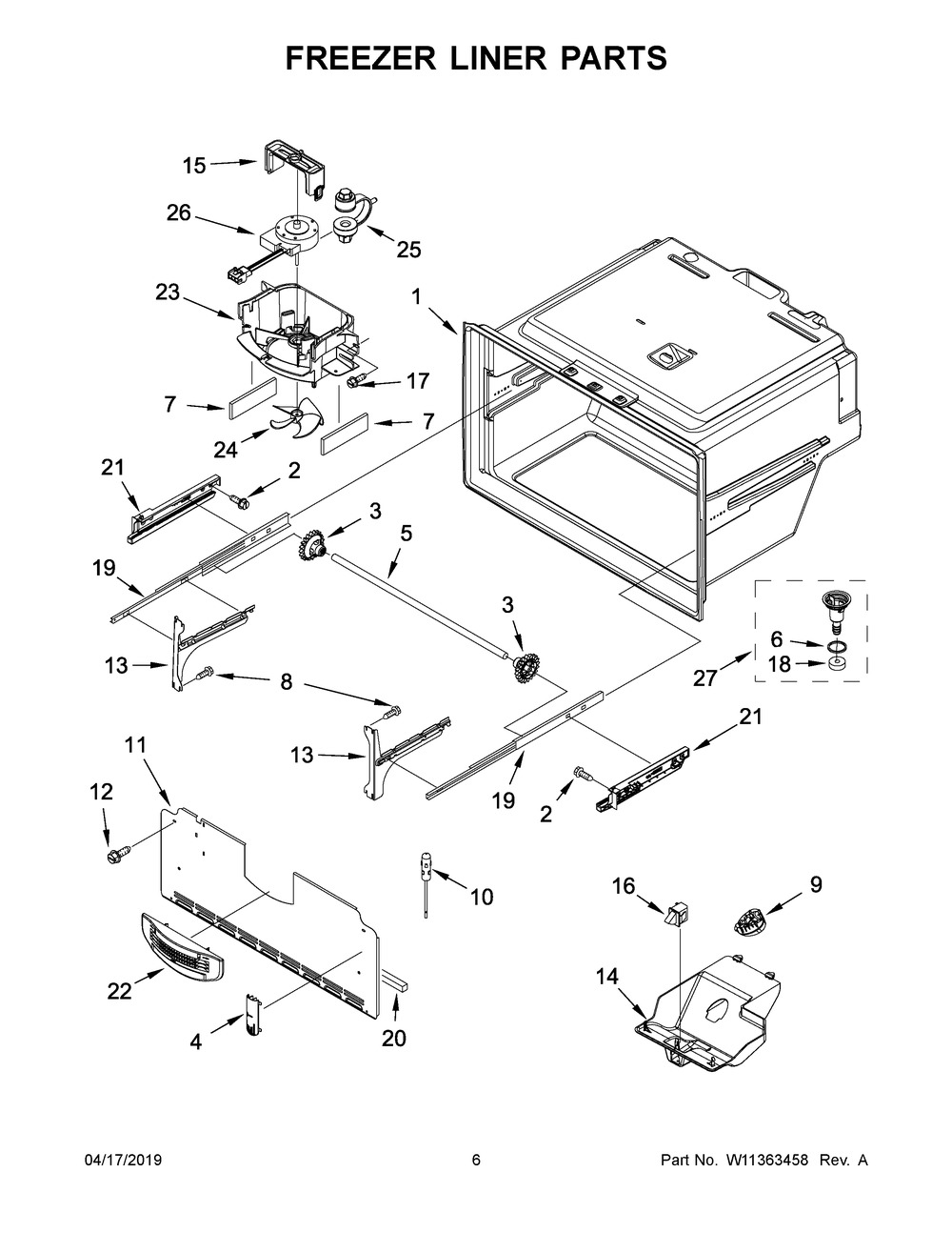 Freezer Liner Parts Diagram and Parts List for WRF555SDHB01  Whirlpool Refrigerator