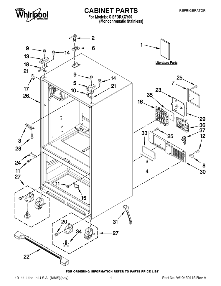 CABINET PARTS Diagram and Parts List for GI6FDRXXY06  Whirlpool Refrigerator