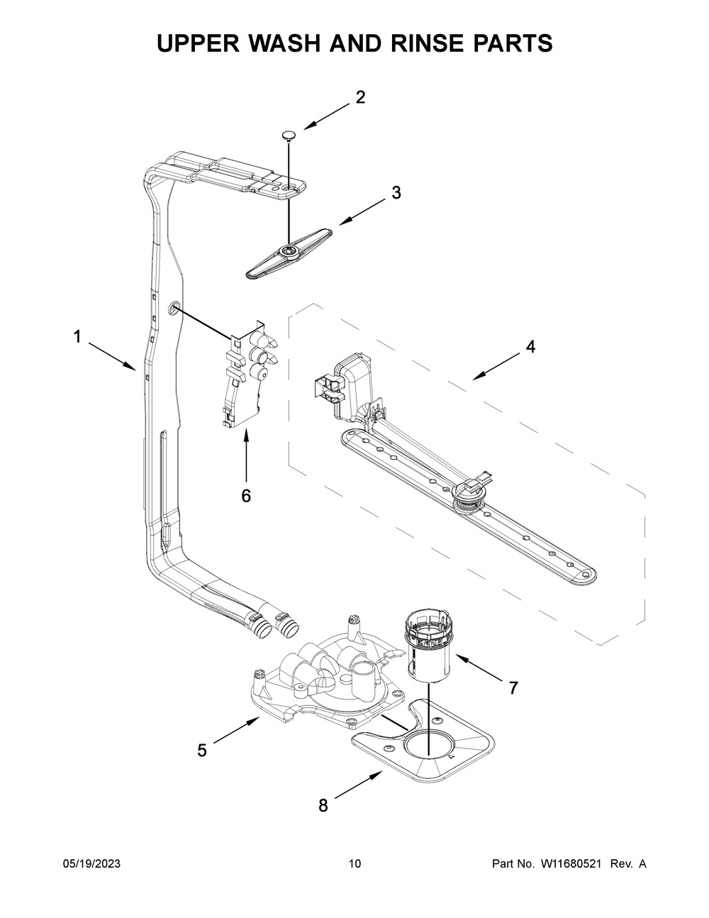 Upper Wash And Rinse Parts Diagram and Parts List for KDFE204KWH2  KitchenAid Dishwasher