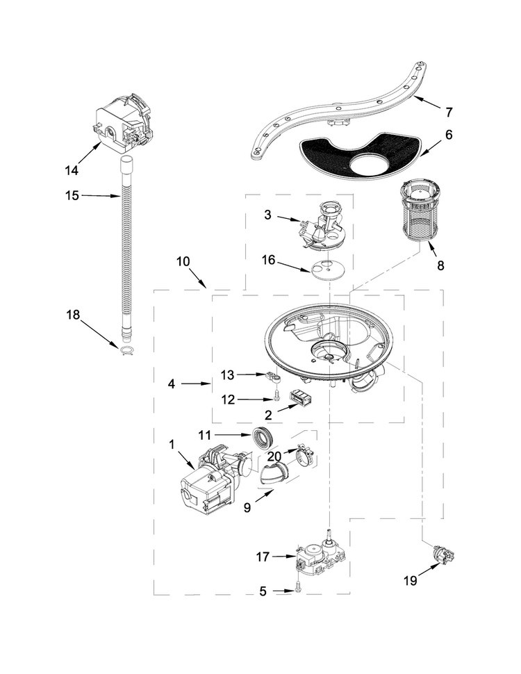 Pump, Washarm And Motor Parts Diagram and Parts List for KDFE454CSS4  KitchenAid Dishwasher