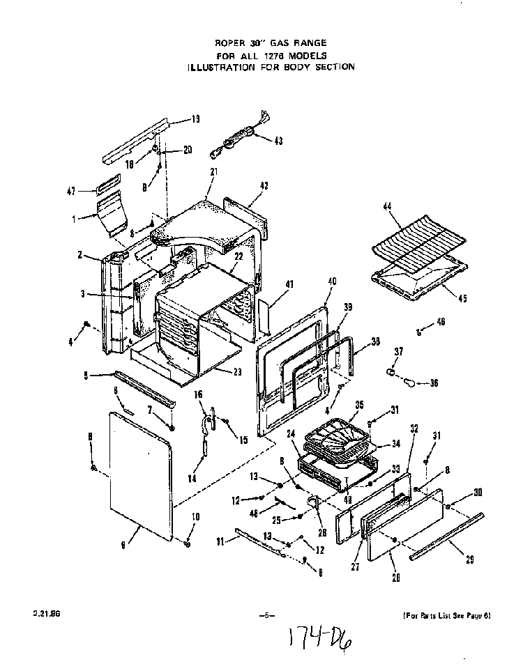 Body Diagram and Parts List for 1276*0A  Roper Range