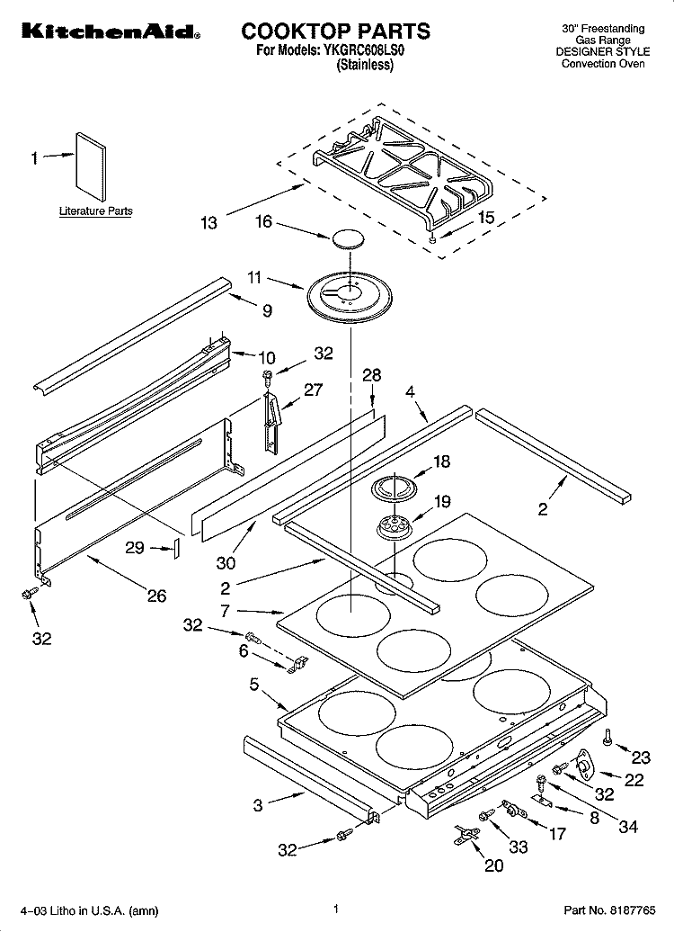 COOKTOP PARTS Diagram and Parts List for YKGRC608LS0  KitchenAid Range