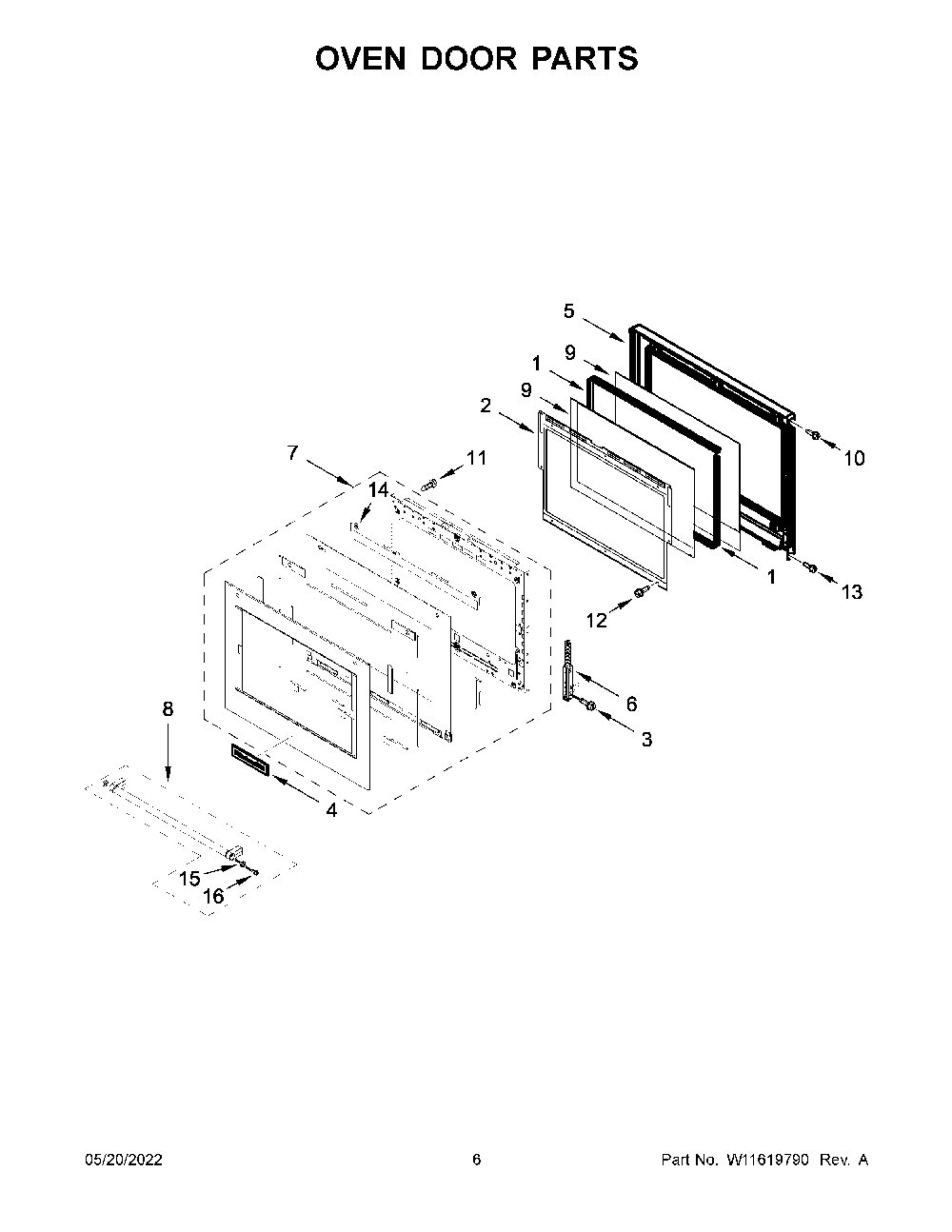 Oven Door Parts Diagram and Parts List for KOST107ESS20  KitchenAid Wall Oven