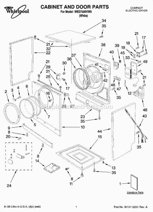 Cabinet And Door Parts Diagram and Parts List for WED7500VW0  Whirlpool Dryer