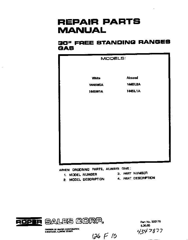 Cover Page-text Only Diagram and Parts List for 1445*1A  Roper Range