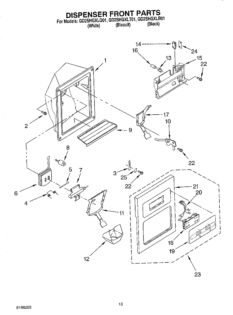 DISPENSER FRONT Diagram and Parts List for GD2SHGXLQ01  Whirlpool Refrigerator