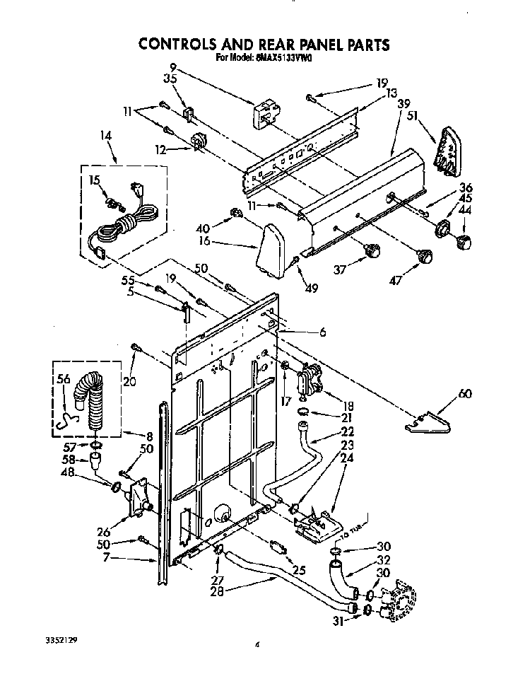 Controls And Rear Panel Diagram and Parts List for 6MAX5133VW0  Whirlpool Washer