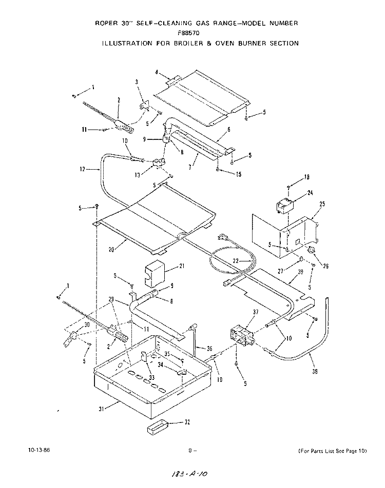 BROILER AND OVEN BURNER Diagram and Parts List for F8857W0  Roper Range