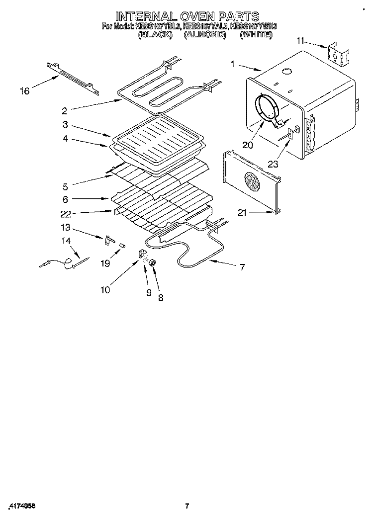 INTERNAL OVEN Diagram and Parts List for KEBS107YBL3  KitchenAid Wall Oven