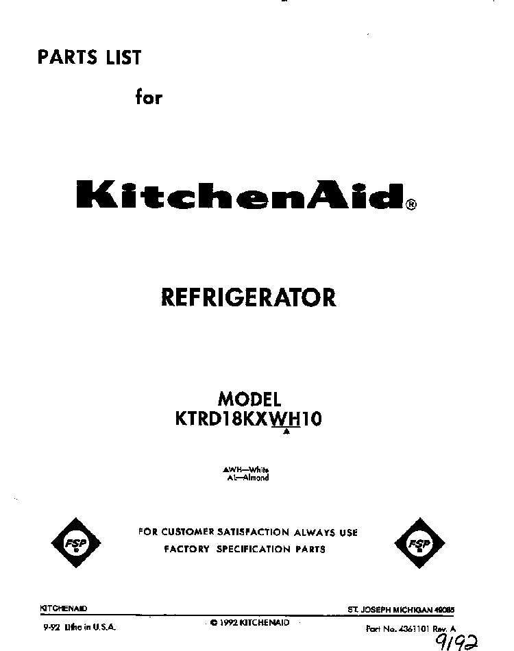 Front Cover Diagram and Parts List for KTRD18KXWH00  KitchenAid Refrigerator