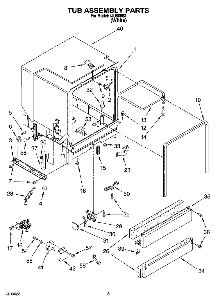TUB ASSEMBLY PARTS Diagram and Parts List for IJU58663  Inglis Dishwasher